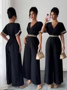 Elenzga 新设计感金色花卉蕾丝束腰黑色优雅蝙蝠袖连体裤，春夏