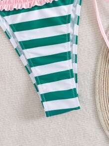 Swim Mod 2 件绿色花卉印花性感露背吊带系带女式泳衣套装，夏季