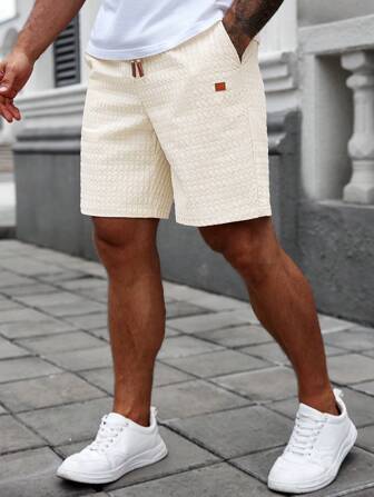 Manfinity RelaxMax Men's Solid Color Casual Drawstring Pocket Jacquard Shorts, For Back To School