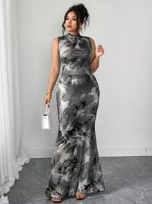 Elenzga Elegant Floral Print High Neck Sleeveless Dress, 2025 New High Waist Slimming Flattering Casual Long Dress, Retro Chic Ruffled Hem Belted Waist A-Line Dress For Summer