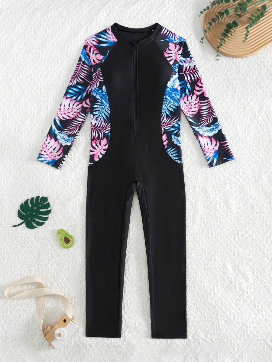SHEIN 1 bộ đồ bơi liền thân cho bé gái tuổi teen, đồ bơi liền thân màu đen in họa tiết phối màu, thích hợp cho bơi lội mùa hè. - màu đen - Xem 1