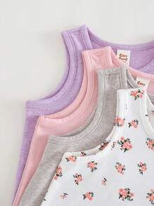 Cozy Pixies 4pcs Baby Girl Ditsy Floral Pattern Solid Color Knitted Soft Casual Versatile Tank Tops Set Baby Girl Clothes Multipack Floral Baby Tank Top Girl Clothes Camisole Baby Girl Tank Tops Print - Multicolor - View 3