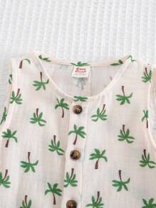 Cozy Pixies Peto de niño bebé con estampado de árbol de coco de dibujos animados, de cuello redondo y sin mangas, shorts, casual y versátil