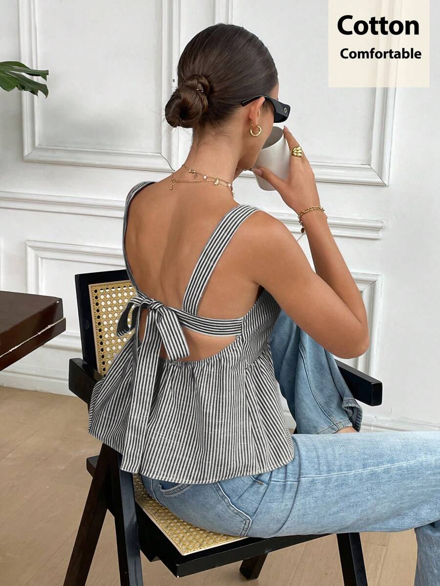 Serisse 夏季新款女款蓝白条纹蝴蝶结后背吊带上衣 - 黑與白 - 查看 1