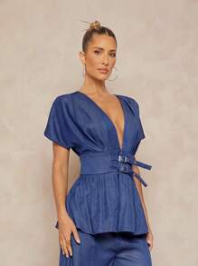 Lumalex Fall Modest Old Money Rave Festival Outfits Formal Fall Modest Old Money Summer Swimsuit Swimwear Swim Vacation Elegant Easter Bohemian BOHO Sea Beach Hot Outdoor Richly Layered Wedding Season Banquet Coming Of Age Ceremony Beach Seaside V-Neck Ruffle Waist Buttoned Loose Straight Women Suit Set Office Outfits For Women Women Summer Clothing Women Plus Clothing Formal Women Plus Clothing Business Casual,Graduation,Teacher Outfits For Women,Back To School - Navy Blue - View 6