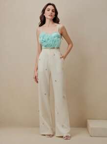 Anewsta Summer Camisole Spaghetti Strap Crop Top Overlay With Voluminous Organza Floral