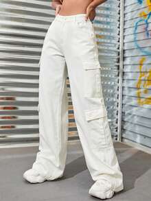 SHEIN Tall Women's Casual Everyday Flap Pocket Cargo Denim Jeans - White - View 8