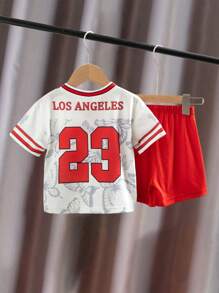 SHEIN 2pcs Baby Boy Casual Sports 23 Number Print V-Neck Short Sleeve T-Shirt And Shorts Set, Baby Boy Clothes Streetwear Baby Boy Clothes Sporty Boy Clothes Baby Boys Clothes Baby Boy Summer Clothes Baby Boys Sets Baby Boy Clothes Sporty Baby Boy Sports Clothes Baby Boy Jersey Boy Clothes Set Boy Clothes For Baby Summer Boy Clothes For Baby Infant Baby Boys Clothes Kid Clothes Toddler Clothes Baby Outfit 6M-3T