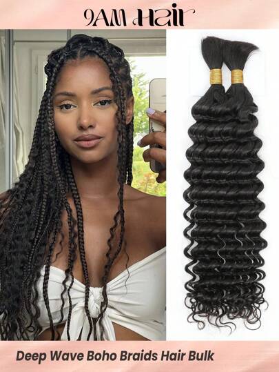 2pcs Braiding Hair Bulk No Weft Deep Wave Crochet Human Hair Natural Black Color Hair Extension Knotless Braids Hair Extensions