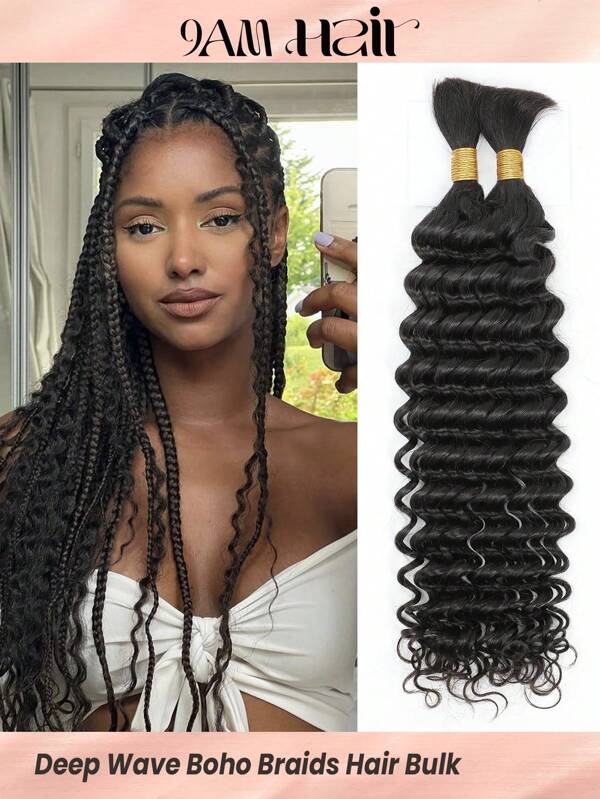Boho Braids 2 pièces Mèches à tresser en vrac sans trame, cheveux humains à vagues profondes pour tresses au crochet, couleur noire naturelle, extensions de cheveux sans nœud