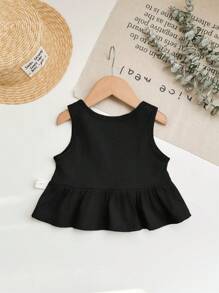 SHEIN Babygirl 可爱百搭字母印花灰色无袖上衣，夏季 - 黑色 - 查看 2