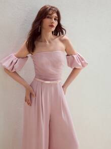 MOTF PREMIUM 优雅露肩褶饰紧身胸衣蝴蝶结腰带阔腿连体裤 - 粉色 - 查看 4