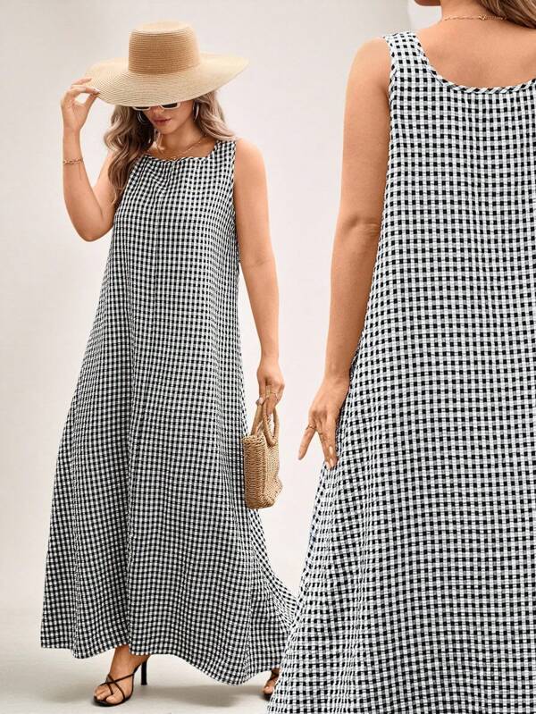 SHEIN LUNE Plus Size Summer Women Casual Loose-Fit Plaid Tank Maxi Dress With Pockets