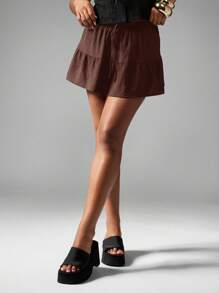 MISSGUIDED 分层亚麻质感迷你裙高腰飘逸A字形荷叶边溜冰裙夏季波西米亚风节日裙