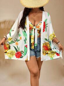 SHEIN Clasi Plus Size Femei Vară Nou Sosire Casual Beach Resort Imprimat în stil boem Resort Beach Cardigan cu mânecă lungă, Pantaloni scurți largi cu talie elastică Set 2 buc, primăvară/vară - Multicolor - Vizualizare 6