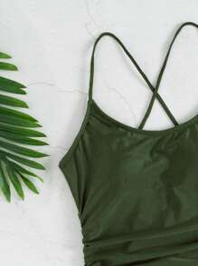 SHEIN Swim Summer Beach Ruched Backless One Piece Swimsuit - Army Green - View 5