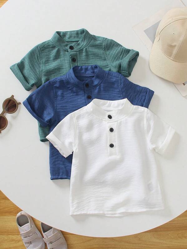 SHEIN Set 3 buc. cămăși pentru bebeluși și băieți, casual, culoare solidă, cu nasturi și guler pe jumătate, ținută moale și confortabilă cu mânecă scurtă, potrivită pentru purtare zilnică, călătorii, petrecerea Ramadanului, primăvara sau vara