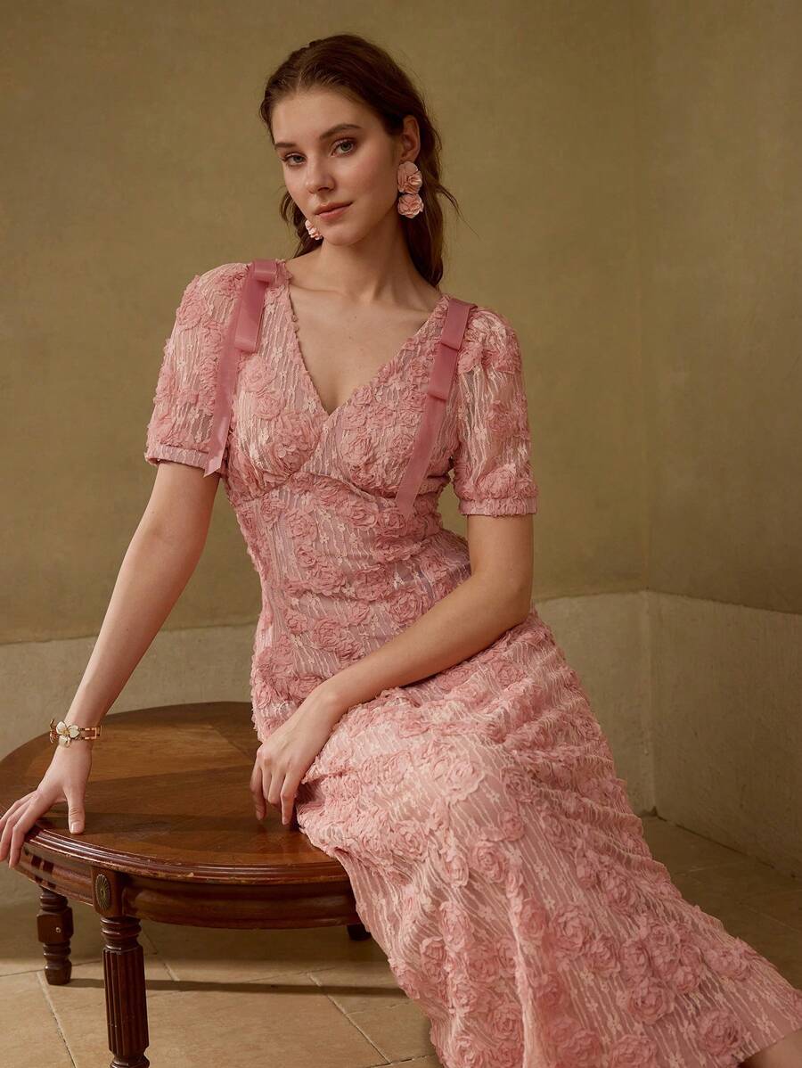 MOTF PREMIUM APPLIQUES LACE OVERLAY BOW SHOULDER PUFF SLEEVE DRESS - Pink - View 1
