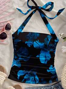 Modelyn Blue Floral Print Sleeveless Tie Neck Women Knit Textured Fitted Tank Top, Suitable For Summer