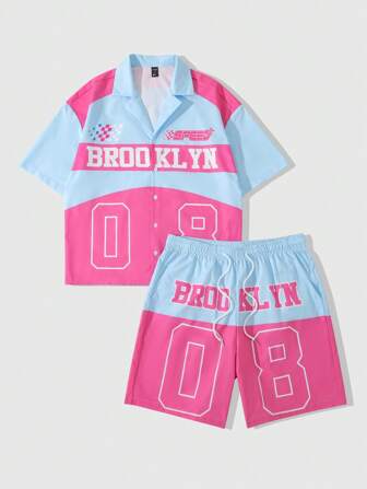 Street Life Conjunto de camisa y pantalones cortos para hombre con bloqueo de color e impresión de letras