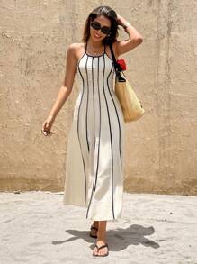 SHEIN Frenchy Vestido de verano minimalista de mujer con bloques de color y escote halter sin espalda - Multicolor - Ver 6