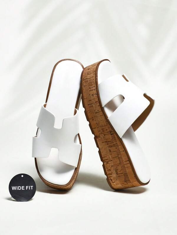 SHUZIA Wide Width Luxe-Inspired Women's Harness Cut Out Square Toe Cork Platform Minimalist Pu White Slides–Plus Size Timeless, Stylish & Comfortable