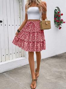 Breezaya Spring/Summer Ditsy Floral Layered Frill Trim Skirt For Vacation - Red - View 5