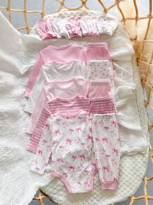 Newborn Baby Girl Cute Graphic Versatile Knit Striped & Pink Star Pattern Jumpsuit, Pants, And Gloves 5Pcs/Set Cartoon - Multicolor - View 2