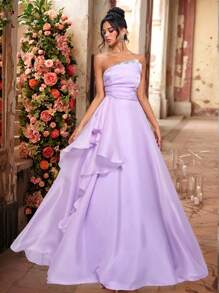 Glamrae 优雅奢华串珠亮片拼布欧根纱荷叶边超长连衣裙，下摆超大，适合婚礼、派对、度假、舞会、晚会（重饰）、正式、派对礼服、礼服，适合婚礼宾客 - 紫色 - 查看 3