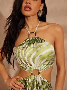 Hauture Đầm Maxi Đi Biển Satin Khoét Hở Phía Trước Halter Hở Lưng Cho Nữ - màu xanh lá - Xem 4