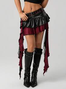 SHEIN ICON Women Black & Red Contrast Color PU Leather Punk Style Plaid Metal Waist Belt Lace Pendant Asymmetric Hem Mini Skirt - Black - View 5