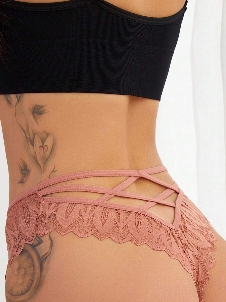 SHEIN Elacene 碎花蕾丝交叉内裤性感内衣 - 藕粉色 - 查看 1