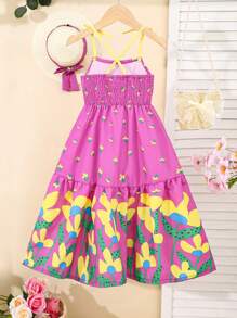 Vestido informal con estampado floral verde + sombrero para niñas, genial para uso diario, salidas, vacaciones, temporada de primavera/verano, nuevos lanzamientos