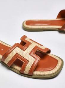 SHUZIA Giày sandal đế bằng mũi vuông hở mũi chữ H cho nữ mùa hè - Màu be - Xem 2