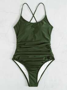 SHEIN Swim Summer Beach Ruched Backless One Piece Swimsuit - Army Green - View 6