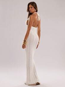SHEIN BAE New Fashion Elegant Strapless Shell Hollow Out Knit Dress For Women - White - View 2