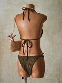 SHEIN ICON 2pcs Women Beach Holiday Lace Backless Halter Bra & Brief Bikini Set, Summer, Y2k Clothes Women, Western Wear Women