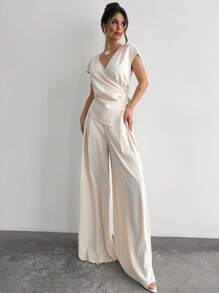 Firerie 女士商务通勤时尚休闲亚麻纯色亚麻裹肩袖上衣，奶油黄色套装/七月四日，机场亚麻质感女士装 - 杏色 - 查看 3