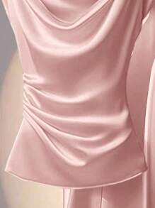 SHEIN LUNE 女士日常优雅纯色褶皱垂领衬衫 - 粉色 - 查看 3
