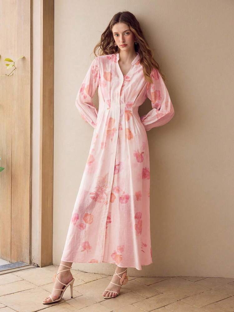 WOMEN FLORAL PRINT NOTCH NECK LANTERN SLEEVE FOLD PLEATED LONG DRESS