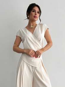 Firerie 女士商务通勤时尚休闲亚麻纯色亚麻裹肩袖上衣，奶油黄色套装/七月四日，机场亚麻质感女士装 - 杏色 - 查看 4