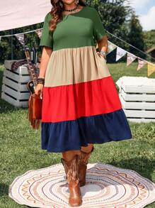 EMERY ROSE Robe décontractée à volants et blocs de couleurs, manches courtes, taille grande. Style simple et mode. Convient pour l'été, le style décontracté, la mode estivale, les tenues de femmes, les tenues de concert country, les tenues western pour femmes, les vêtements d'été pour femmes en grande taille, les vêtements d'affaires décontractés pour femmes en été - Multicolore - Voir 4