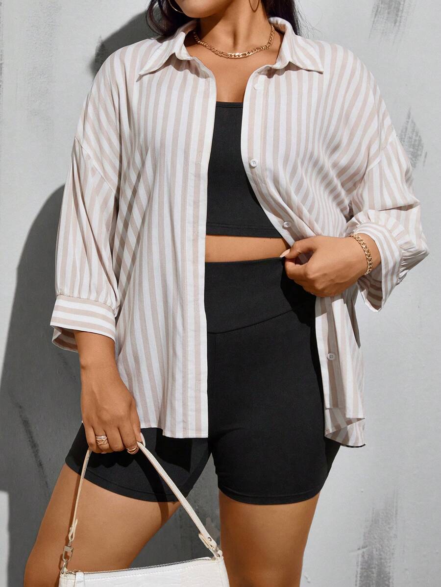 SHEIN Essnce Plus Size Women's Spring And Summer Fashion Casual Loose Comfortable Daily Slim Apricot Striped Button Shirt And Black Suspenders And Motorcycle Shorts Three-Piece Set, Street Wear, Lounge Sets For Women,Y2k Clothes,Business Casual Woman - Green - View 1