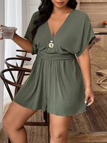 EMERY ROSE Women Plus Size Summer Casual Solid Color V-Neck Batwing Sleeve Pleated Romper - Army Green - View 5