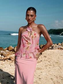 Opulessa Knit Mesh Printed Ruffle Strap Women's Blouse - Pink - View 5