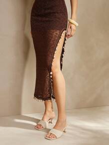 L'Amorae Women's Elegant Sexy Crochet Strapless Fitted Seashell Ornament Summer Vacation Long Dress With Side Slit, Summer Outfits For Women, Vacation Outfits, 4th Of July Outffits, Beach Outfits For Woman - Coffee - View 4