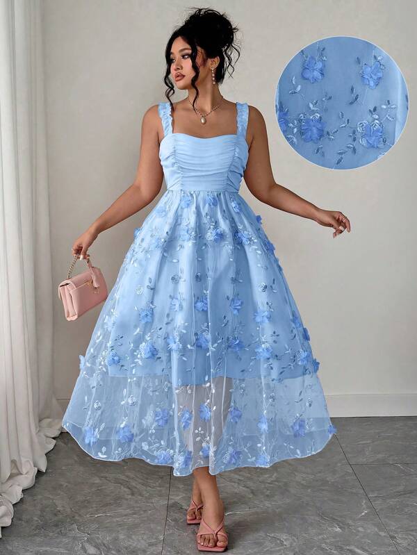 Elenzga Rochie lungă elegantă și romantică pentru femei, mărime plus, stil francez, cu umerii goi, de înaltă calitate, roz, solid, fără mâneci, model patchwork 3D, floral, primăvară/vară