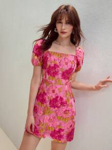 MOTF STUDIO SQUARE NECK JACQUARD DRESS - Hot Pink - View 6
