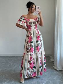 Elenzga Đầm Maxi in hoa dáng chữ A nhún bèo eo cao thanh lịch, giản dị, thoải mái và thời trang cho nữ - Hồng - Xem 3