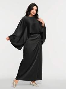 Veilorie Set in großen Größen für Damen mit einfarbigem Shirt mit Rundausschnitt und Fledermausärmeln und plissiertem Midirock, 2 Stücke, elegant und dezent